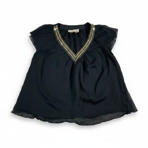 DKNY Jeans Womens Medium Black Beaded V-Neck Chiffon Flutter Sleeve Blouse Top